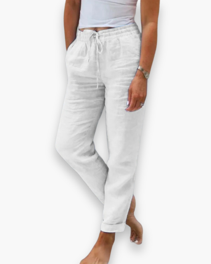 "Pantalon léger femme fluide, taille élastique, tissu doux, poches pratiques, parfait pour style chic décontracté quotidien."