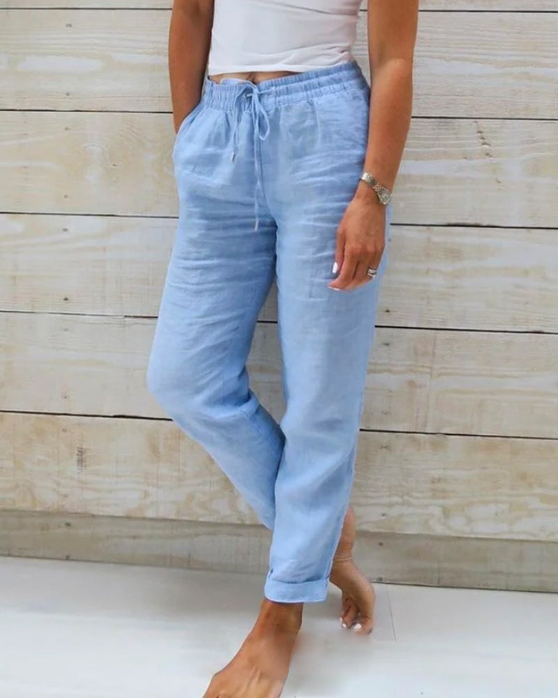 "Pantalon long femme élégant en lin, léger, ceinture élastique, coupe fluide, idéal pour un look chic ou décontracté"