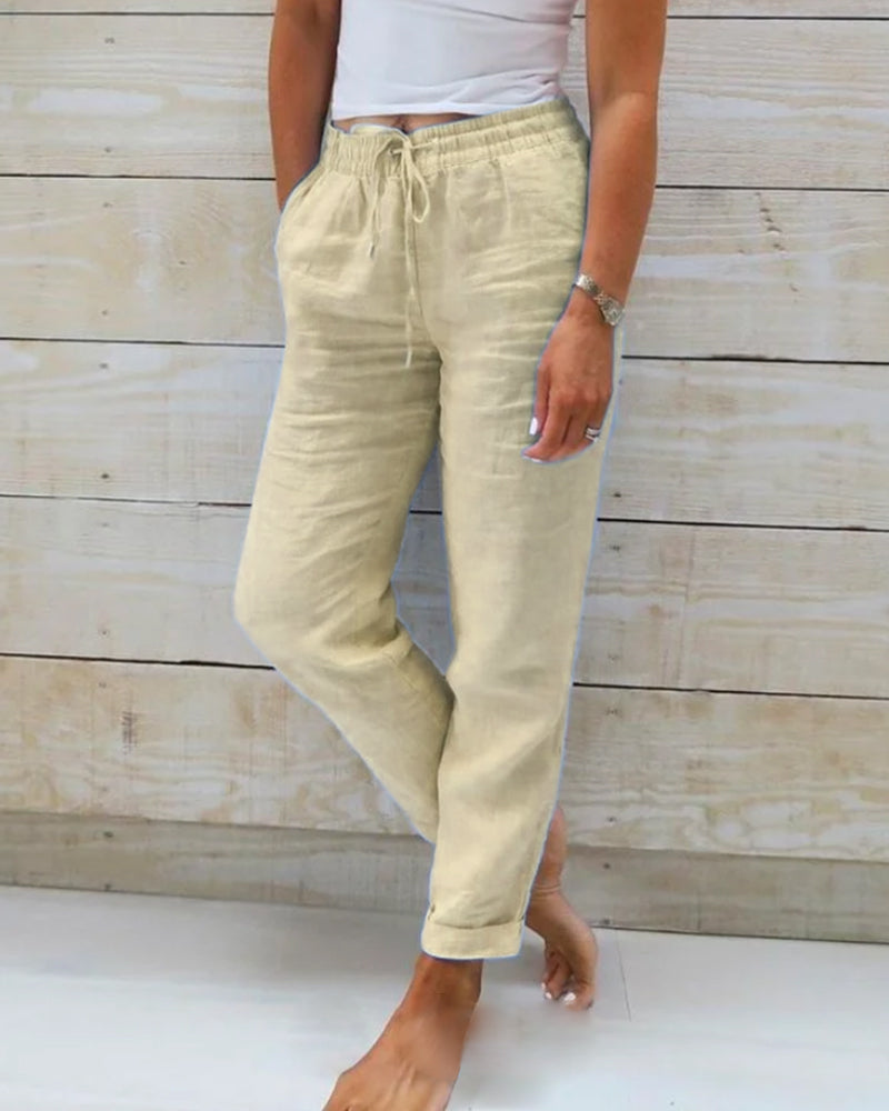 "Pantalon long femme élégant en lin, léger, ceinture élastique, coupe fluide, idéal pour un look chic ou décontracté"