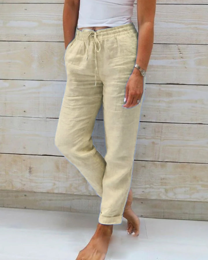 "Pantalon long femme élégant en lin, léger, ceinture élastique, coupe fluide, idéal pour un look chic ou décontracté"
