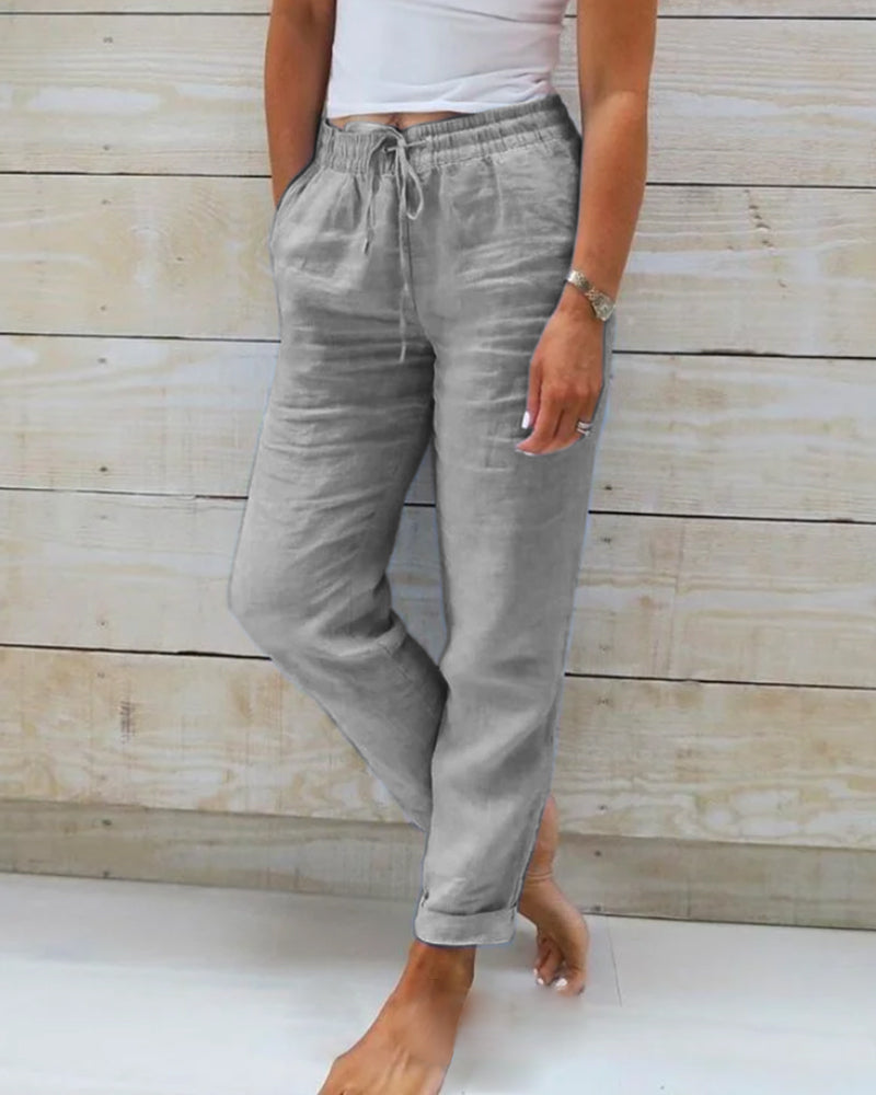 "Pantalon long femme élégant en lin, léger, ceinture élastique, coupe fluide, idéal pour un look chic ou décontracté"