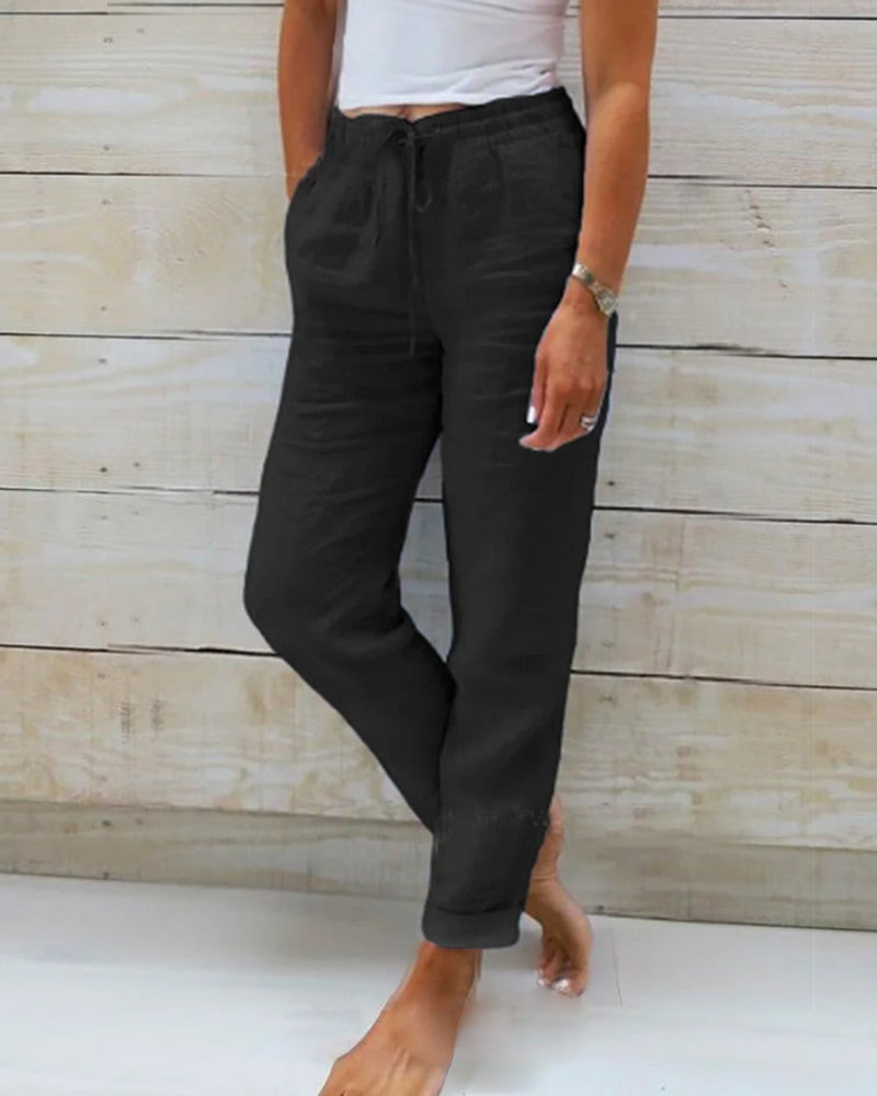 "Pantalon long femme élégant en lin, léger, ceinture élastique, coupe fluide, idéal pour un look chic ou décontracté"