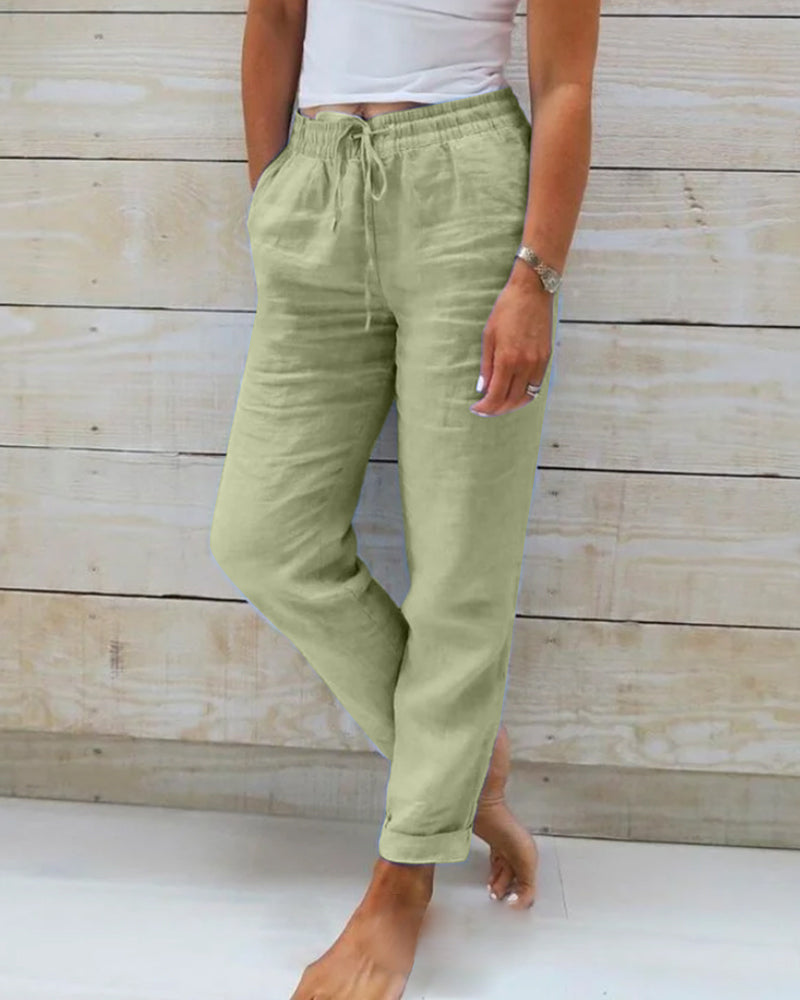 "Pantalon long femme élégant en lin, léger, ceinture élastique, coupe fluide, idéal pour un look chic ou décontracté"