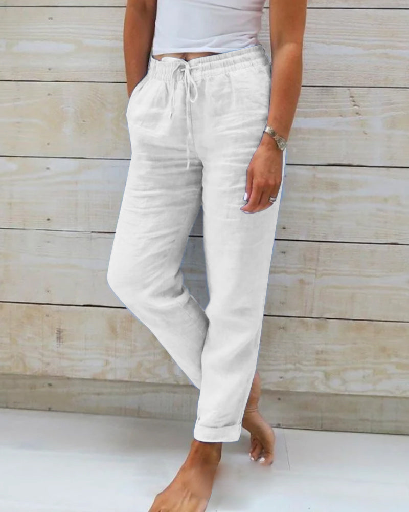 "Pantalon long femme élégant en lin, léger, ceinture élastique, coupe fluide, idéal pour un look chic ou décontracté"