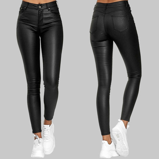"Pantalon slim en cuir noir taille haute, coupe ajustée pour un look élégant et confort maximal pour femmes."