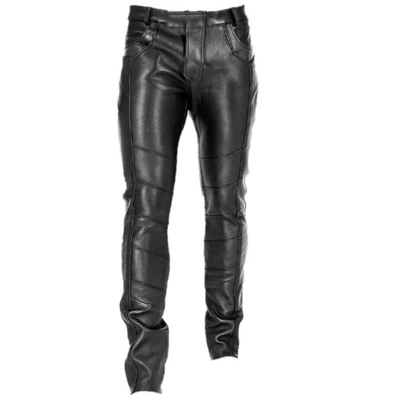 "Pantalon slim fit homme en similicuir noir, style moderne et élégant, coupe ajustée pour silhouette optimisée"