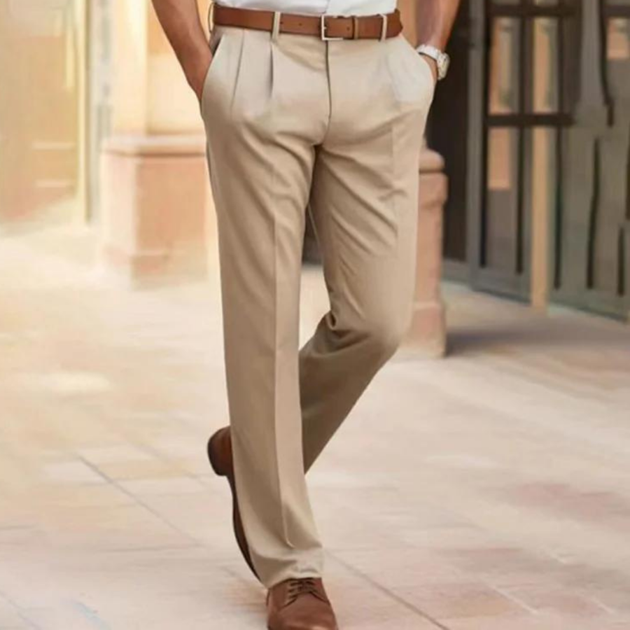 Pantalons élégants pour homme, modernes, lignes épurées, confortables, couleurs classiques : bleu marine, noir, marron, beige