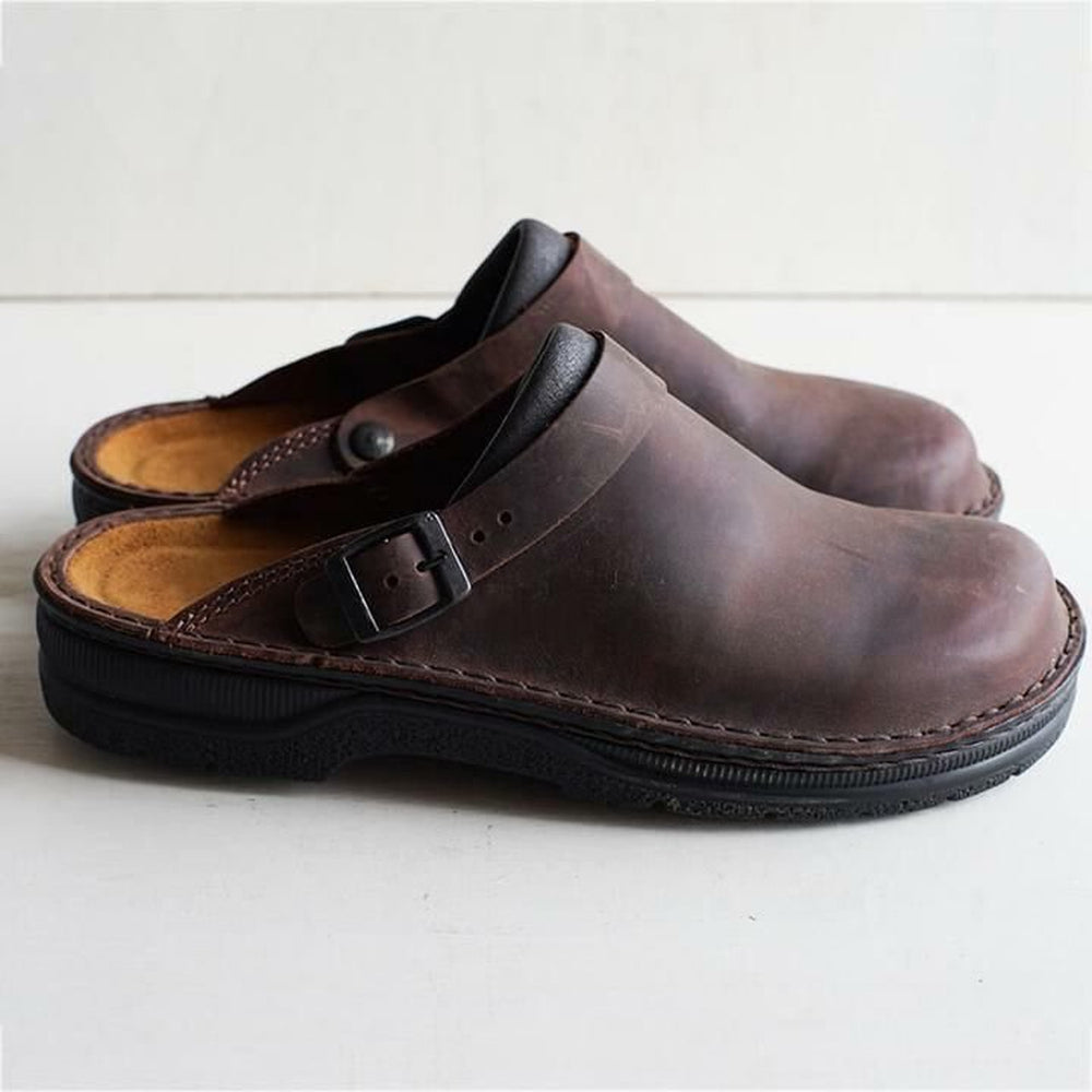 "Pantoufles en cuir pour hommes, confort orthopédique, élégantes et durables, semelles ergonomiques amovibles."