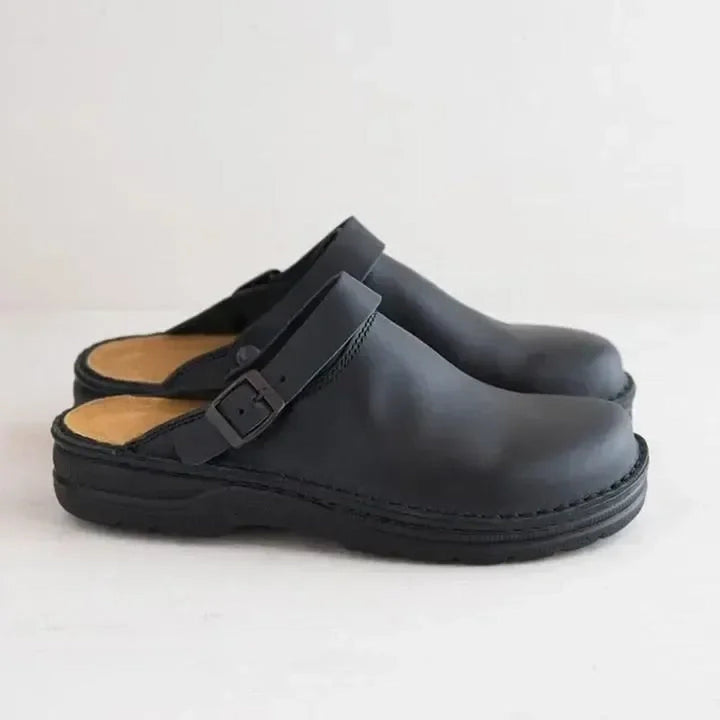 "Pantoufles en cuir pour hommes, confort orthopédique, élégantes et durables, semelles ergonomiques amovibles."
