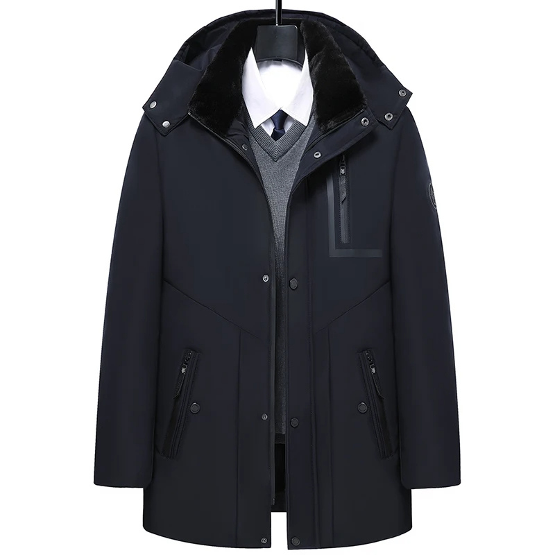 Parka hiver homme vue de face, capuche amovible, design élégant, couleur noire, résistante au froid et intempéries.
