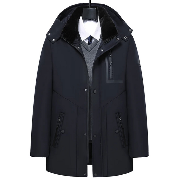 Parka hiver homme vue de face, capuche amovible, design élégant, couleur noire, résistante au froid et intempéries.