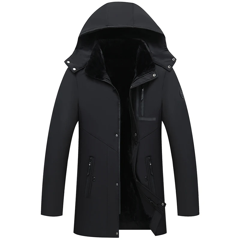 Parka hiver homme vue de face, capuche amovible, design élégant, couleur noire, résistante au froid et intempéries.