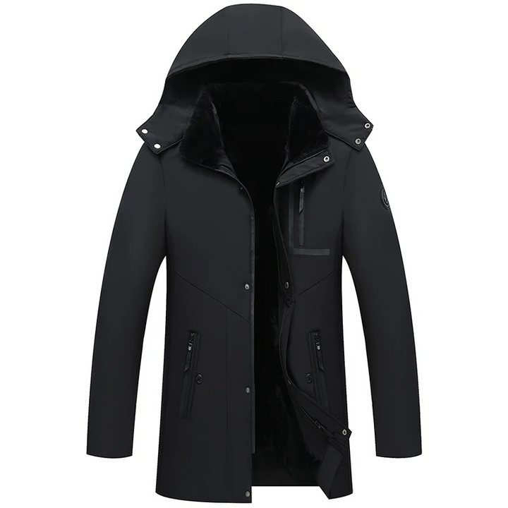 Parka hiver homme vue de face, capuche amovible, design élégant, couleur noire, résistante au froid et intempéries.