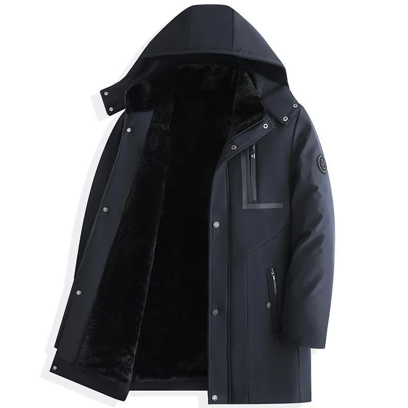 Parka hiver homme vue de face, capuche amovible, design élégant, couleur noire, résistante au froid et intempéries.