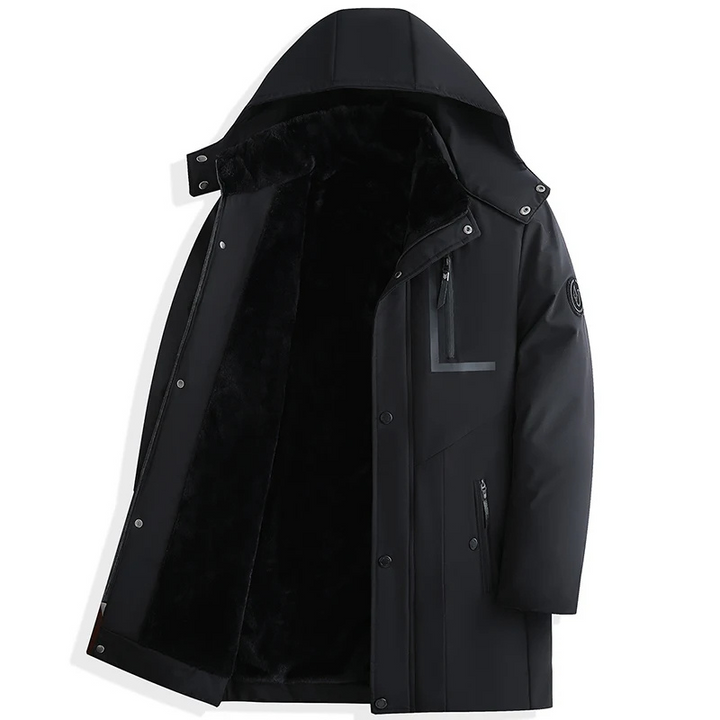 Parka hiver homme vue de face, capuche amovible, design élégant, couleur noire, résistante au froid et intempéries.