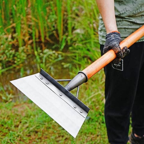 "Pelle de jardin désherbante ergonomique en acier inoxydable durable, argentée, pour sols variés, anti-maux de dos."