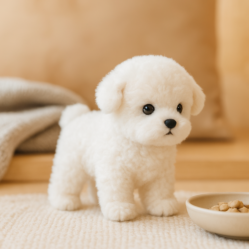 Peluche chiot réaliste avec fourrure douce, détails soignés et lestée pour confort et chaleur, idéal pour tous âges.