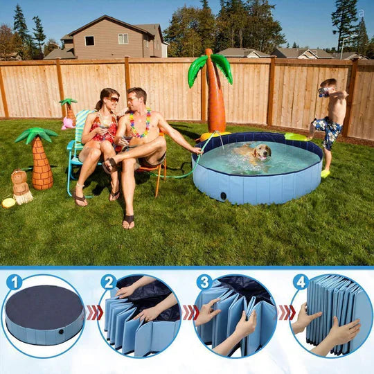 Piscine pliable pour chiens, résistante et antidérapante, idéal pour jardin ou terrasse, facile à monter et transporter.