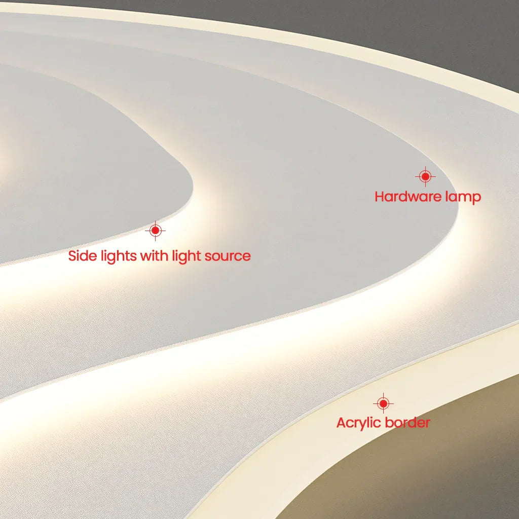 Plafonnier LED moderne design asymétrique finition crème, courbes artistiques, lumière modulable, métal et acrylique.