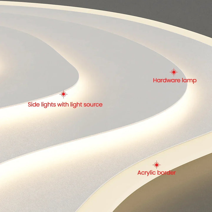 Plafonnier LED moderne design asymétrique finition crème, courbes artistiques, lumière modulable, métal et acrylique.