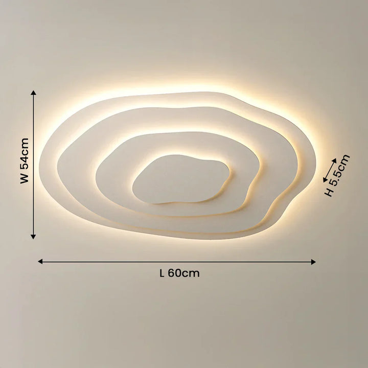 Plafonnier LED moderne design asymétrique finition crème, courbes artistiques, lumière modulable, métal et acrylique.