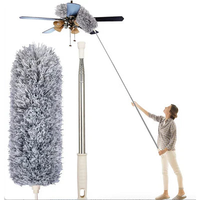 "Plumeau incurvé microfibre télescopique, manche réglable, tête flexible, pour nettoyer facilement zones difficiles."