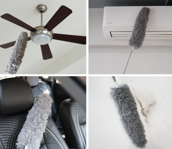 "Plumeau incurvé microfibre télescopique, manche réglable, tête flexible, pour nettoyer facilement zones difficiles."