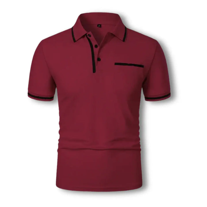 "Polo ajusté homme avec détails contrastés noirs, manches courtes et col à boutons, élégant et stylé pour un look soigné."