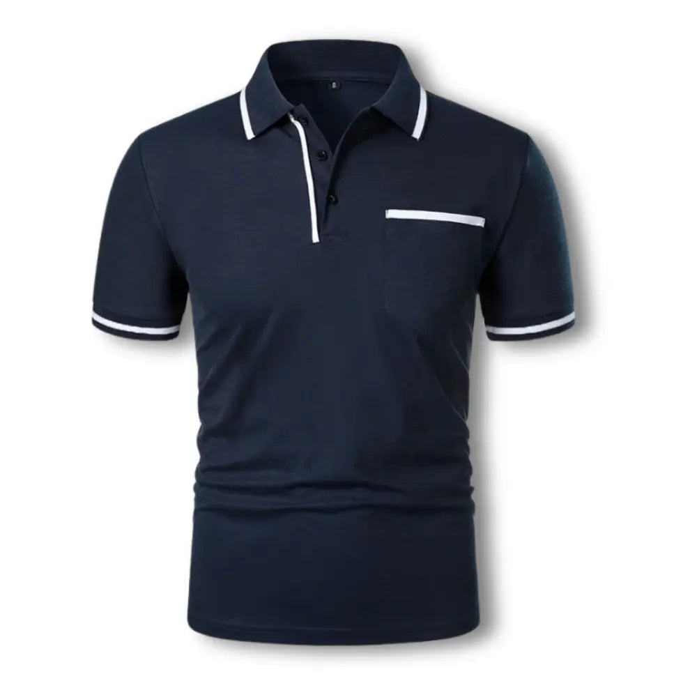 "Polo ajusté homme avec détails contrastés noirs, manches courtes et col à boutons, élégant et stylé pour un look soigné."