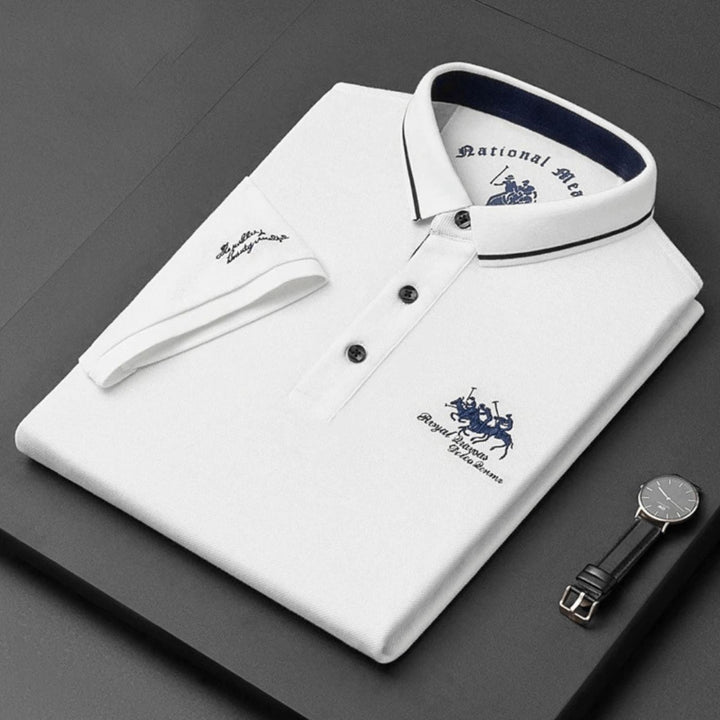 Polo de luxe homme en coton piqué, col classique, couleur unie, coupe droite, style élégant et intemporel.