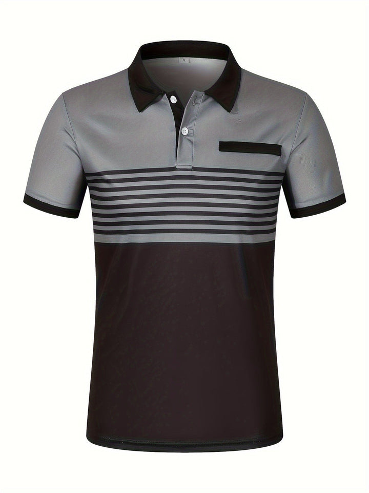 "Polo d'été homme à rayures modernes, manches courtes, look élégant et décontracté, idéal pour sorties estivales."