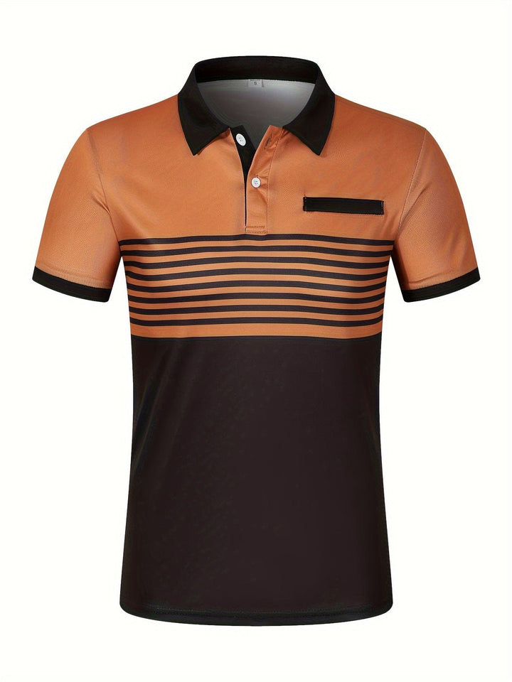 "Polo d'été homme à rayures modernes, manches courtes, look élégant et décontracté, idéal pour sorties estivales."