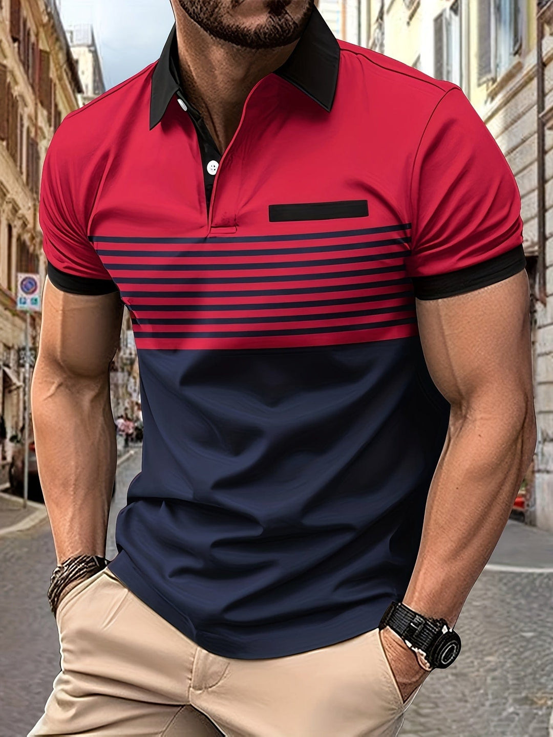 "Polo d'été homme à rayures modernes, manches courtes, look élégant et décontracté, idéal pour sorties estivales."