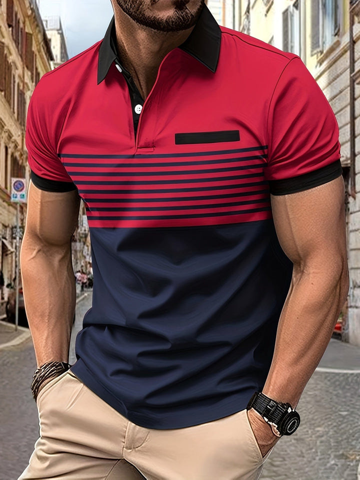 "Polo d'été homme à rayures modernes, manches courtes, look élégant et décontracté, idéal pour sorties estivales."