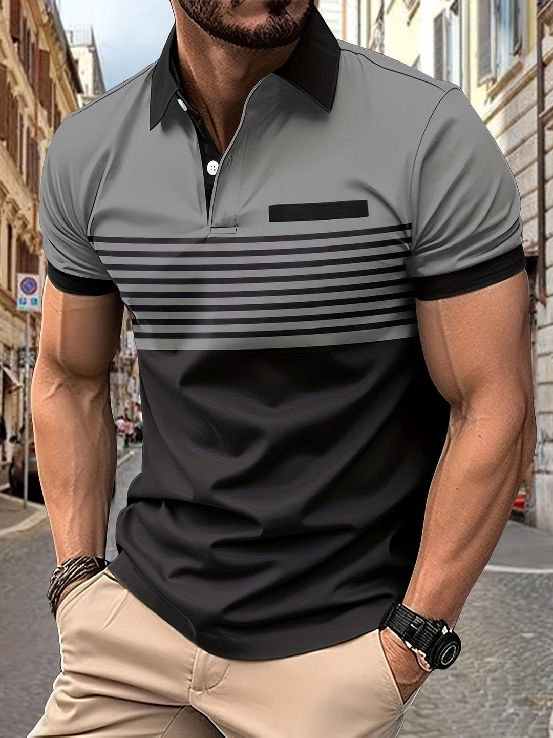 "Polo d'été homme à rayures modernes, manches courtes, look élégant et décontracté, idéal pour sorties estivales."