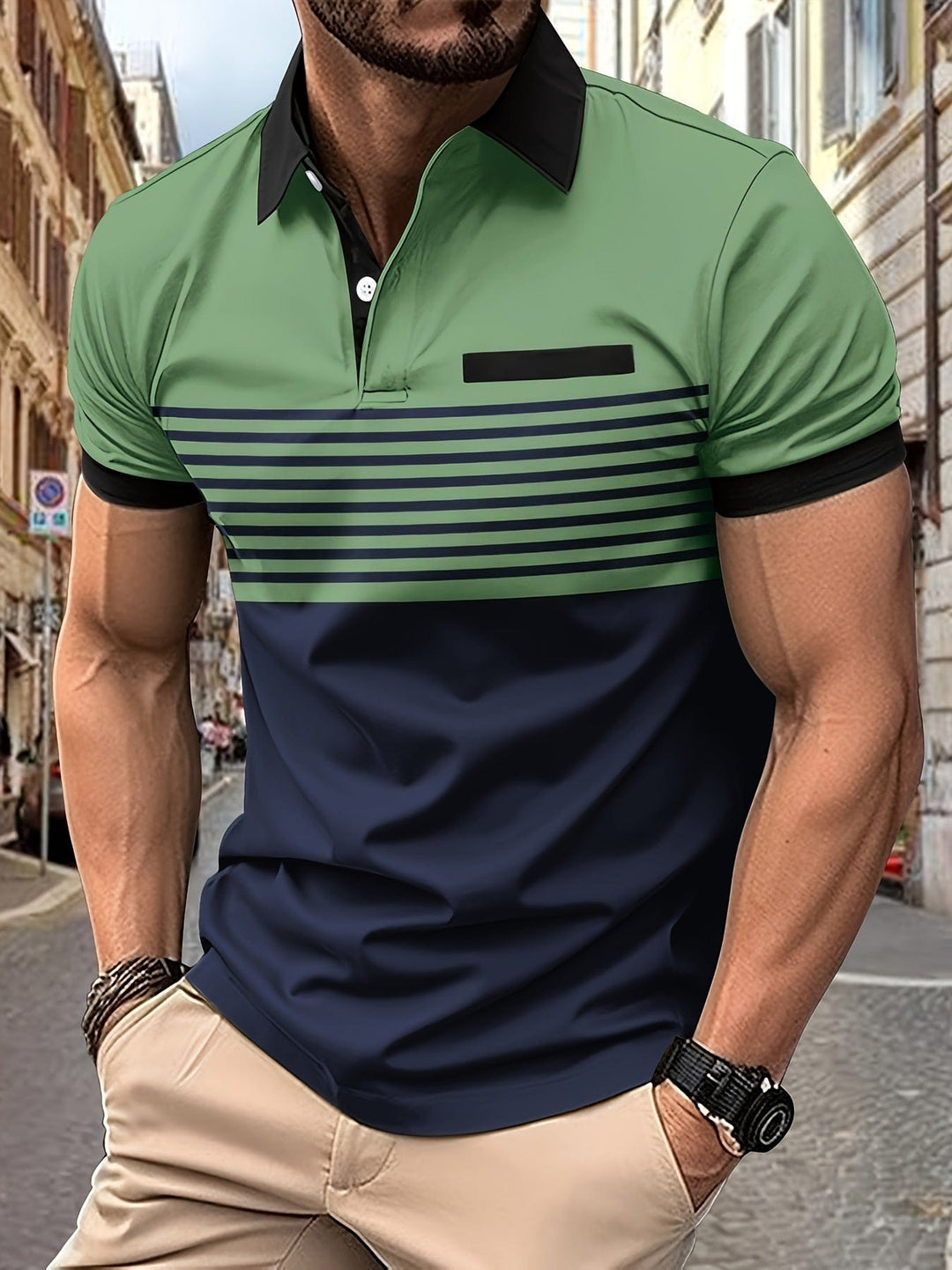 "Polo d'été homme à rayures modernes, manches courtes, look élégant et décontracté, idéal pour sorties estivales."
