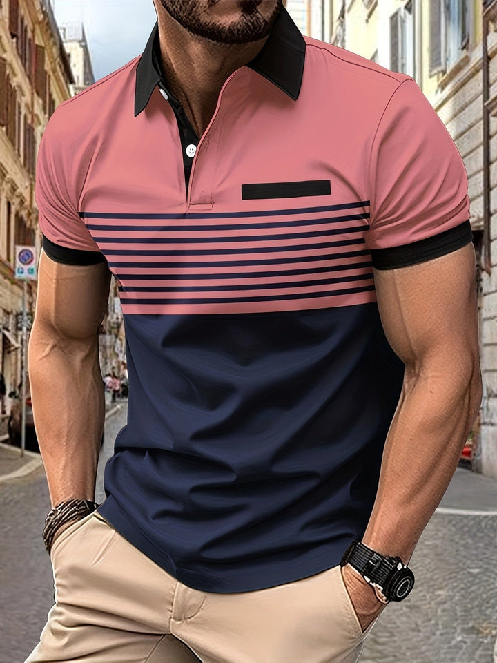 "Polo d'été homme à rayures modernes, manches courtes, look élégant et décontracté, idéal pour sorties estivales."