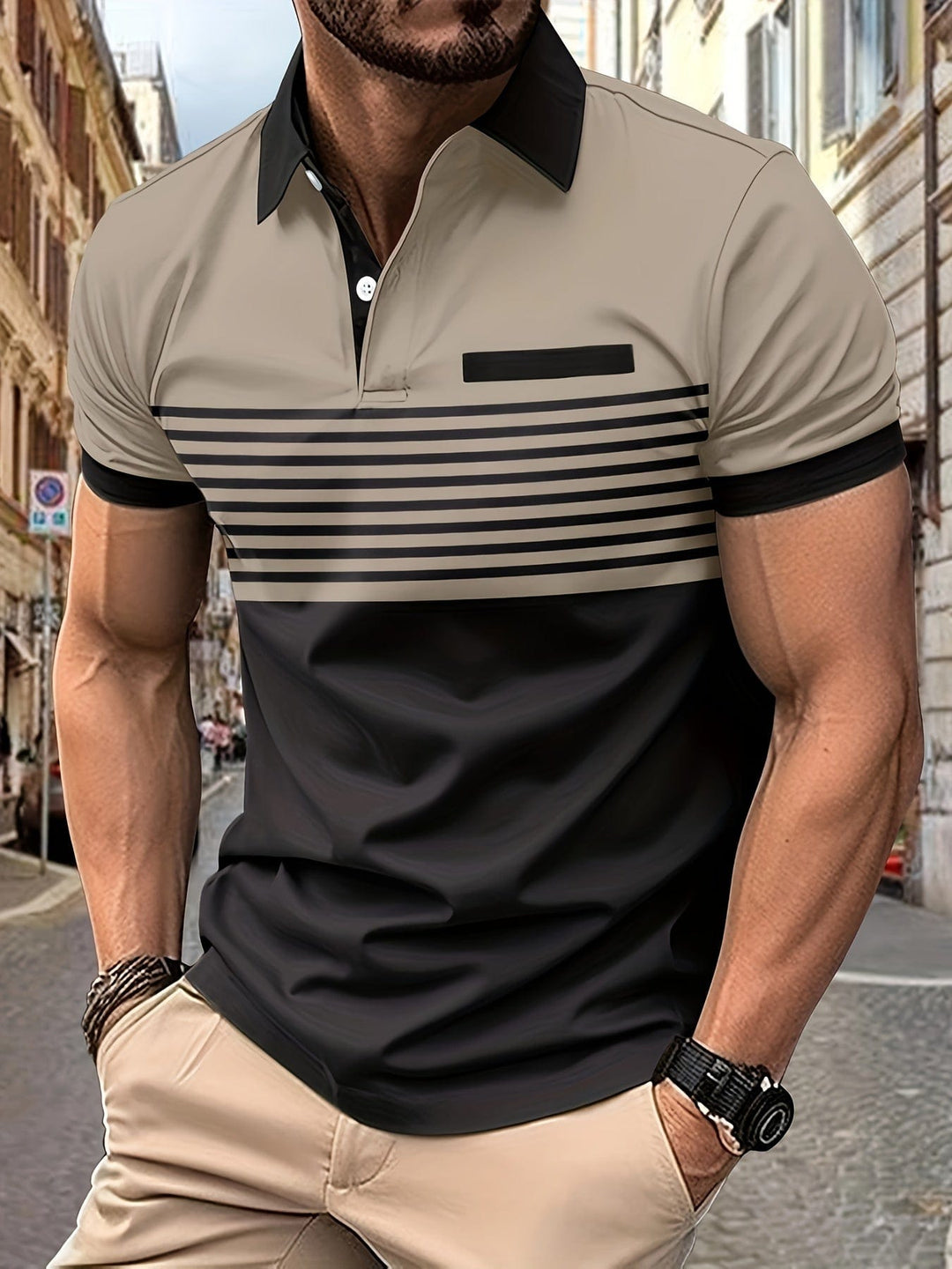 "Polo d'été homme à rayures modernes, manches courtes, look élégant et décontracté, idéal pour sorties estivales."