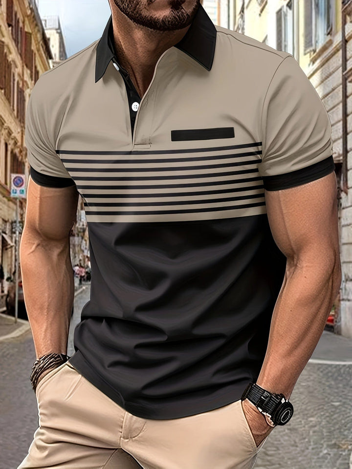"Polo d'été homme à rayures modernes, manches courtes, look élégant et décontracté, idéal pour sorties estivales."