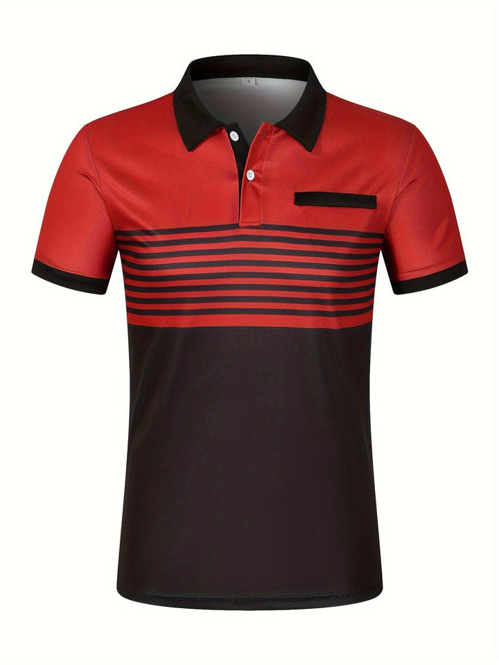 "Polo d'été homme à rayures modernes, manches courtes, look élégant et décontracté, idéal pour sorties estivales."
