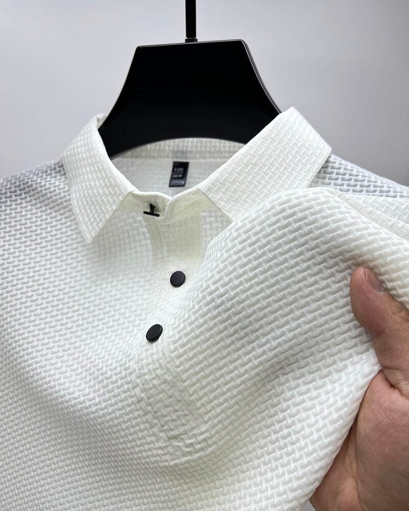 "Polo d'été luxe pour homme, tissu soie mesh respirant, coupe élégante, couleurs variées, tailles S à 3XL."