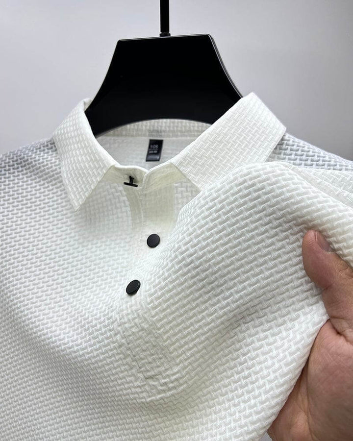 "Polo d'été luxe pour homme, tissu soie mesh respirant, coupe élégante, couleurs variées, tailles S à 3XL."