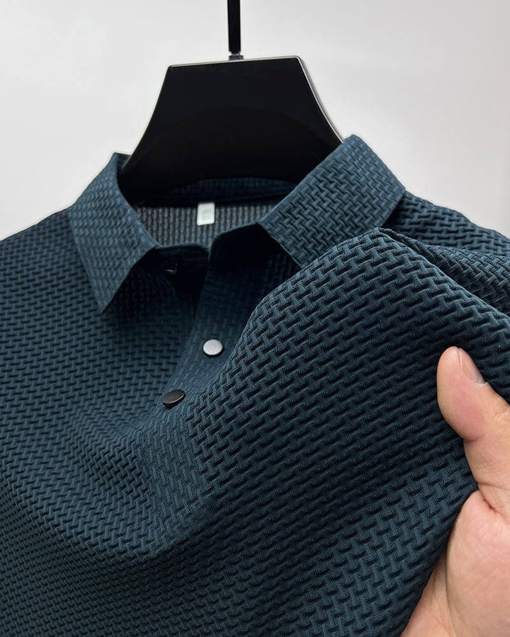 "Polo d'été luxe pour homme, tissu soie mesh respirant, coupe élégante, couleurs variées, tailles S à 3XL."
