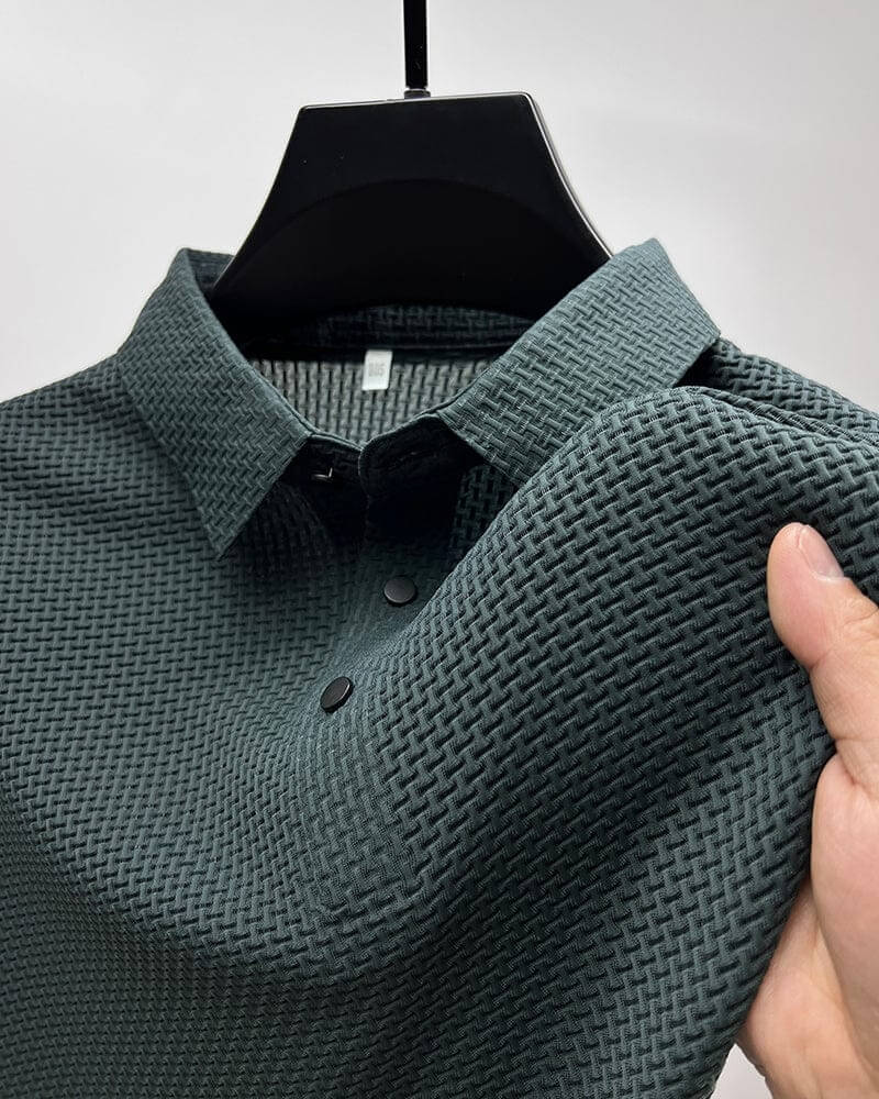 "Polo d'été luxe pour homme, tissu soie mesh respirant, coupe élégante, couleurs variées, tailles S à 3XL."