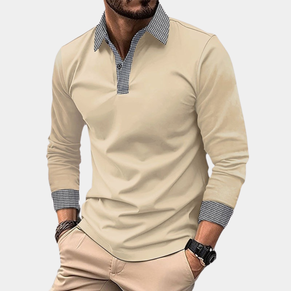 "Polo homme à manches longues décontracté en polyester abricot, élégant et respirant pour un confort optimal."
