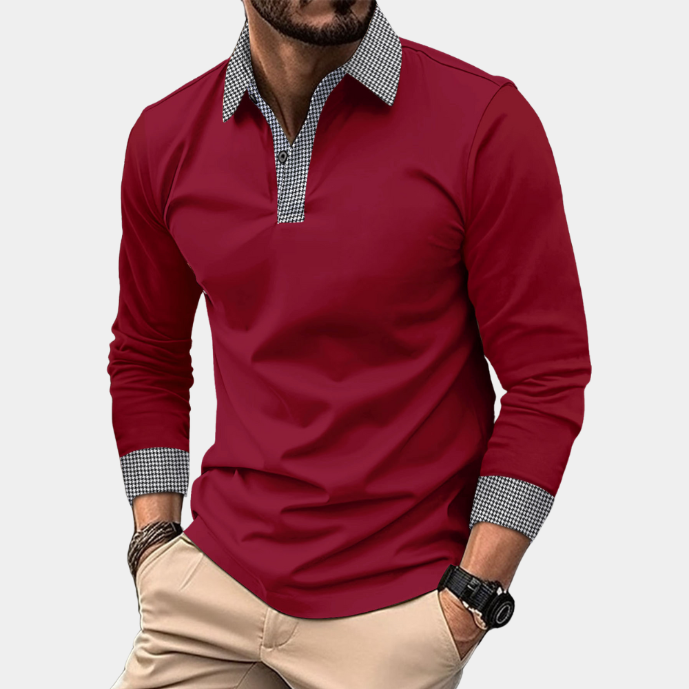 "Polo homme à manches longues décontracté en polyester abricot, élégant et respirant pour un confort optimal."