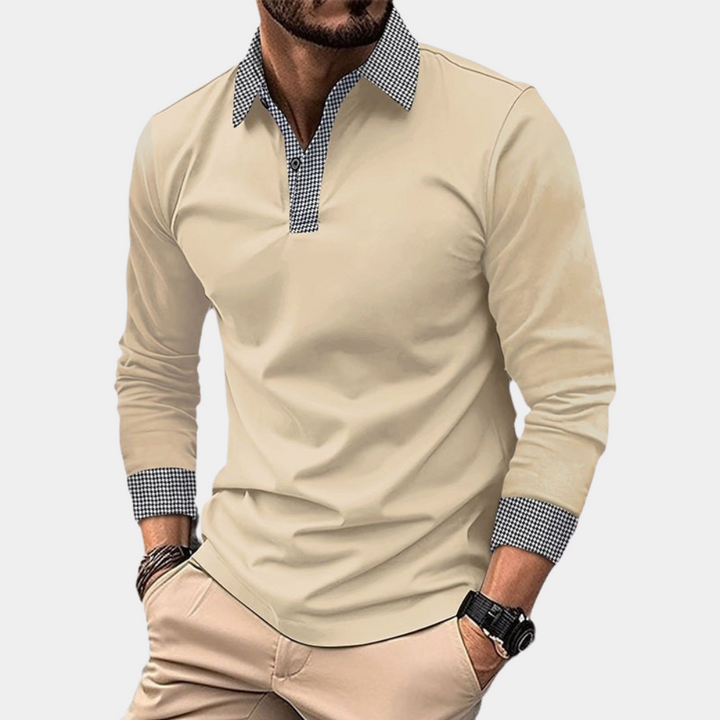 "Polo homme à manches longues décontracté en polyester abricot, élégant et respirant pour un confort optimal."
