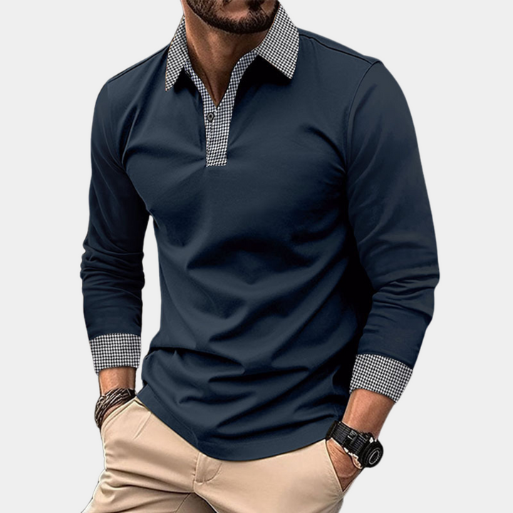 "Polo homme à manches longues décontracté en polyester abricot, élégant et respirant pour un confort optimal."