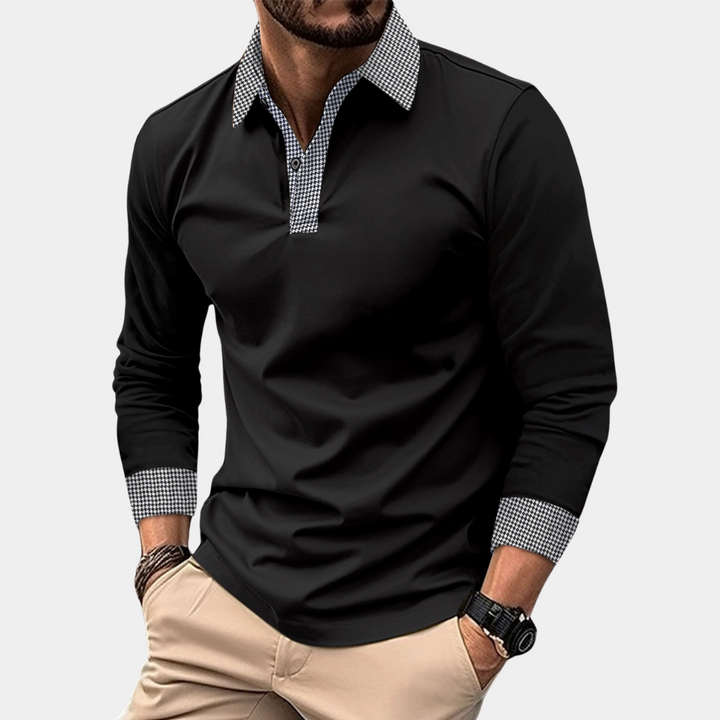 "Polo homme à manches longues décontracté en polyester abricot, élégant et respirant pour un confort optimal."