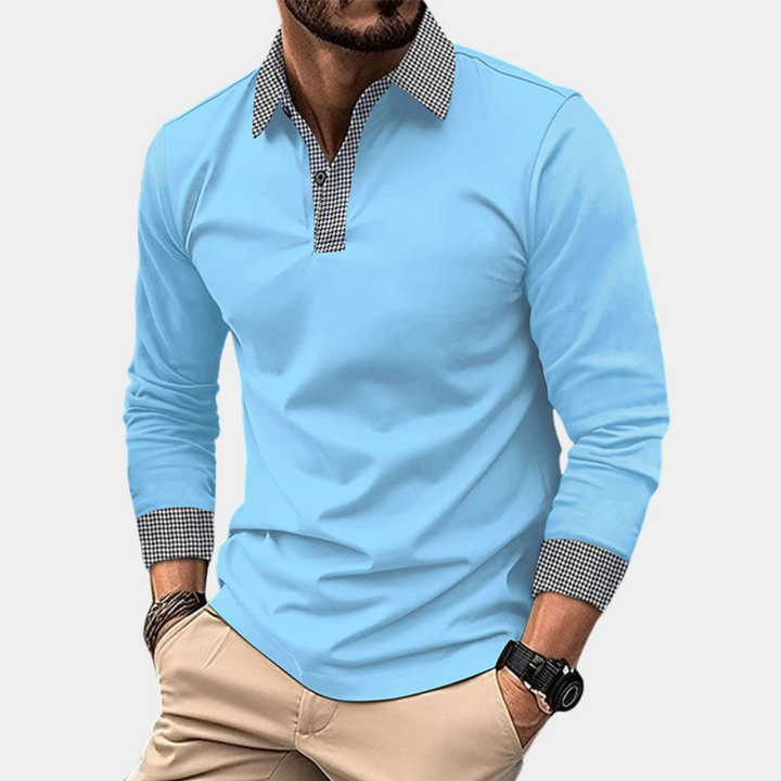 "Polo homme à manches longues décontracté en polyester abricot, élégant et respirant pour un confort optimal."